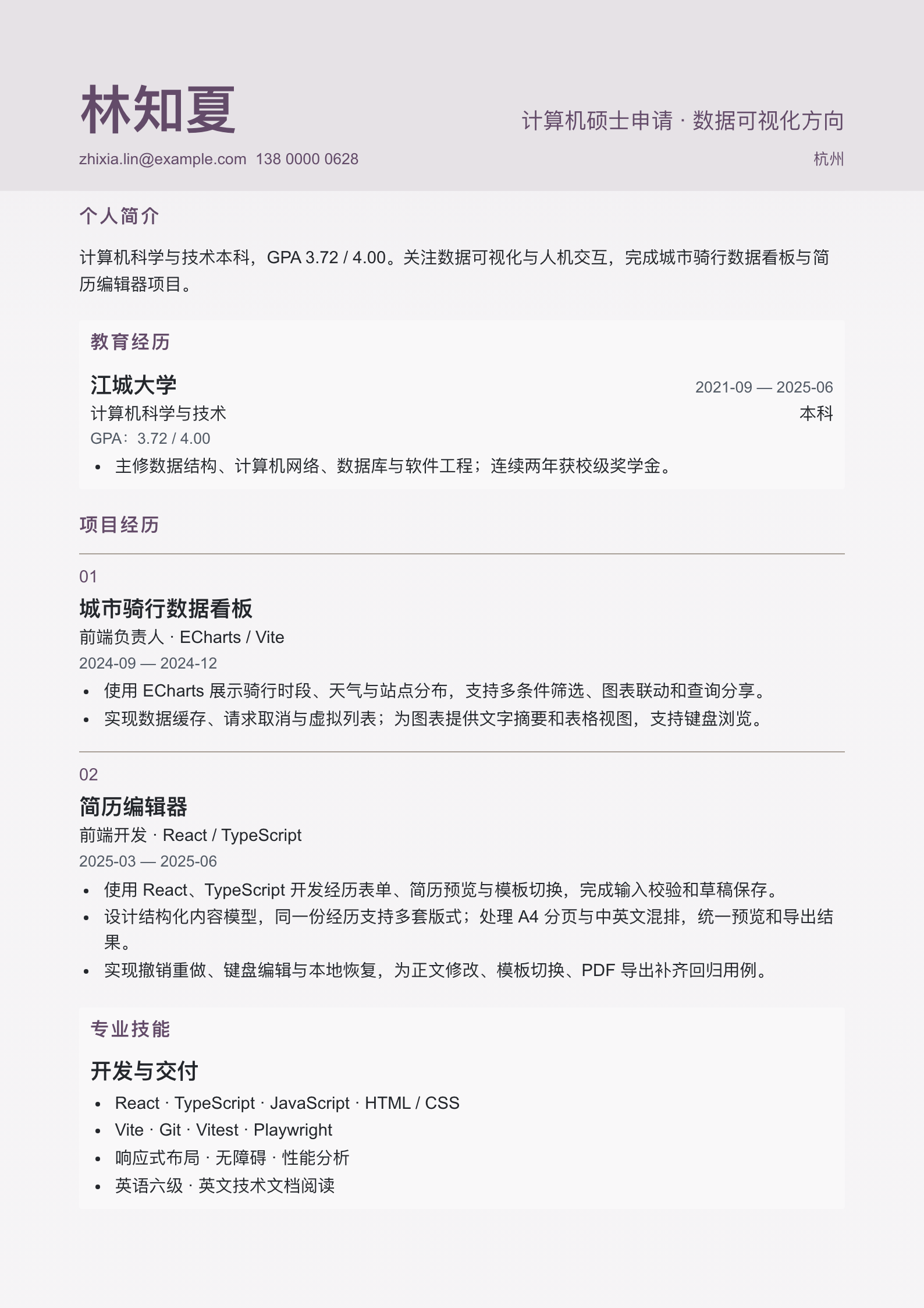 林知夏的升学申请简历